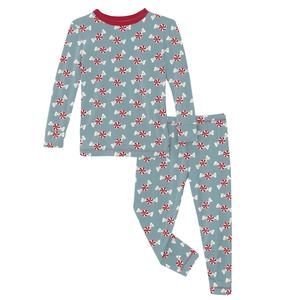 NEW KICKEE kids' print long sleeve pajama set in stormy sea peppermint